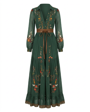 Vestido maxi vintage floral de mujer con mangas transparentes