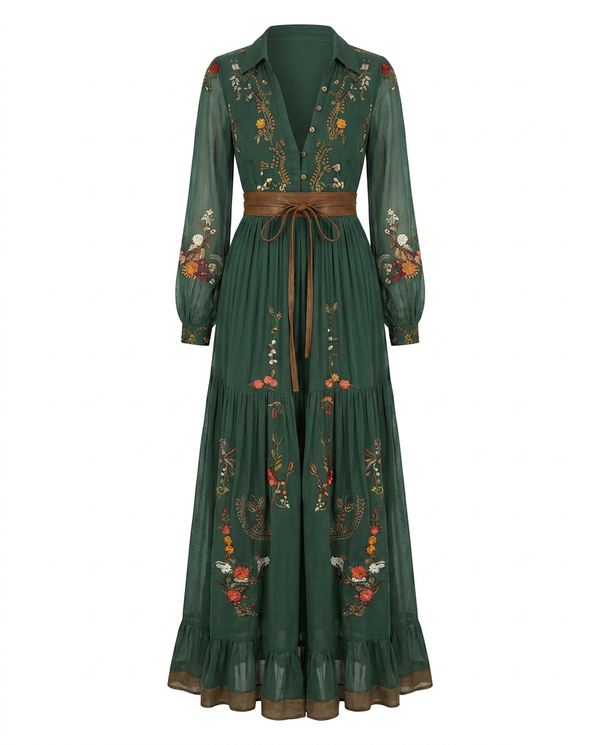 Vestido maxi vintage floral de mujer con mangas transparentes
