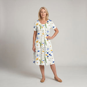 Women's Floral Print Midi Dress with Short Sleeves and Flowy Silhouette
