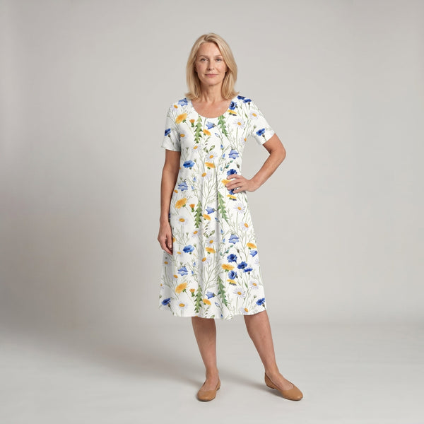 Women's Floral Print Midi Dress with Short Sleeves and Flowy Silhouette