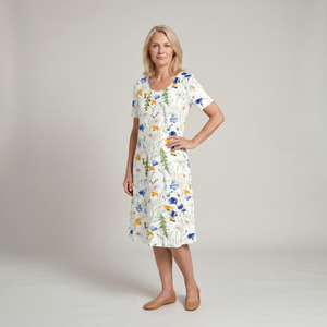 Women's Floral Print Midi Dress with Short Sleeves and Flowy Silhouette