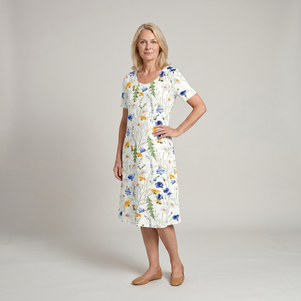 Women's Floral Print Midi Dress with Short Sleeves and Flowy Silhouette