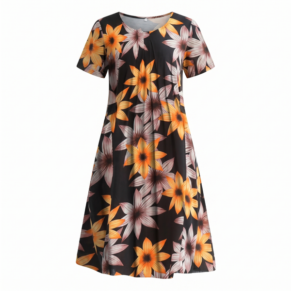 Women's Floral Print Midi Dress with Short Sleeves and Flowy Silhouette