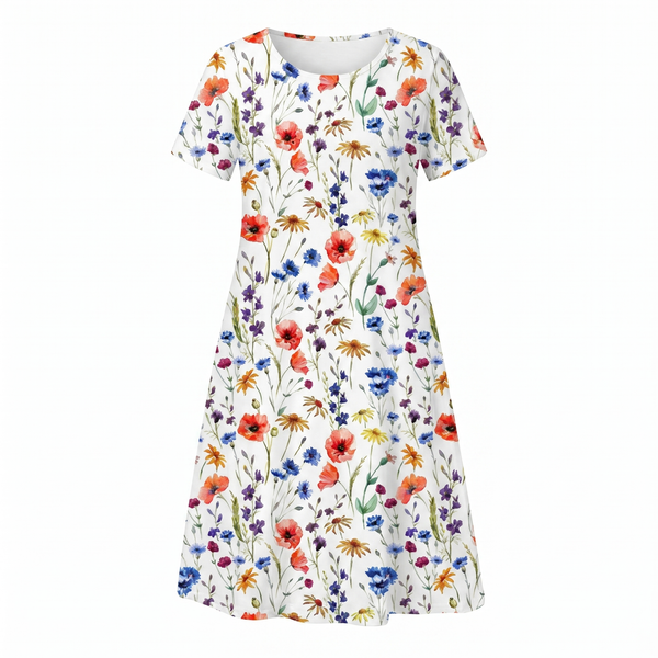 Women's Floral Print Midi Dress with Short Sleeves and Flowy Silhouette
