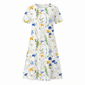 Women's Floral Print Midi Dress with Short Sleeves and Flowy Silhouette