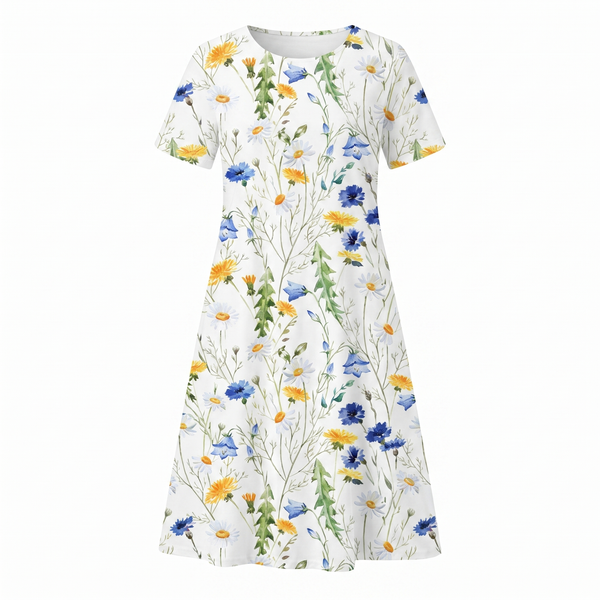 Women's Floral Print Midi Dress with Short Sleeves and Flowy Silhouette