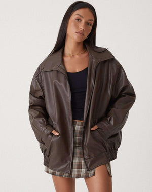 Women's Oversized Zip-Up Faux Leather Bomber Jacket