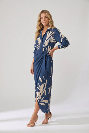 Women's Botanical Print Midi Dress with Collared Neckline
