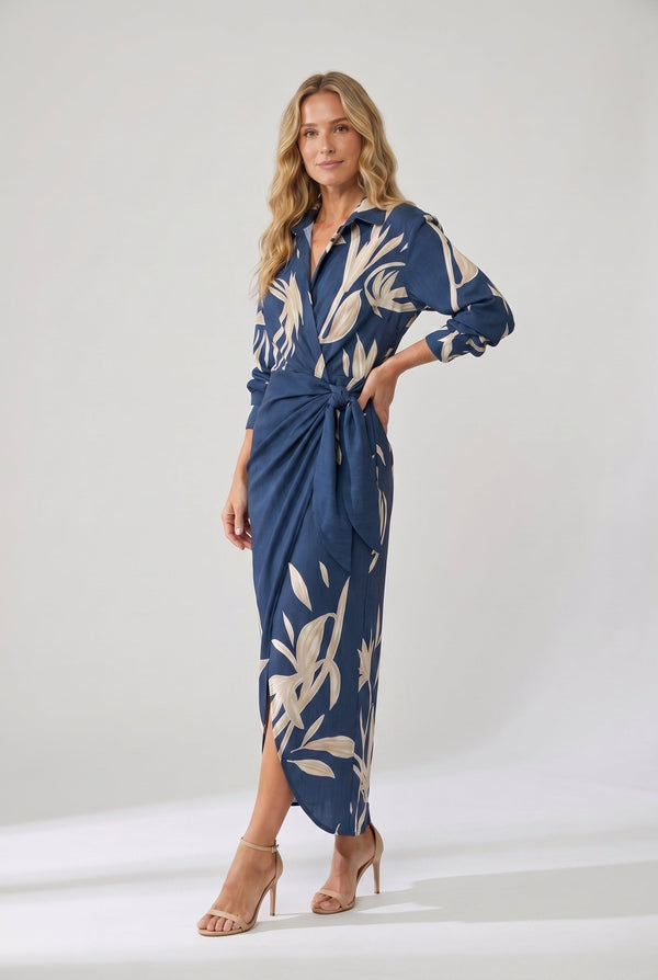 Women's Botanical Print Midi Dress with Collared Neckline