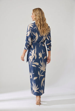 Women's Botanical Print Midi Dress with Collared Neckline