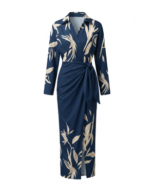 Women's Botanical Print Midi Dress with Collared Neckline