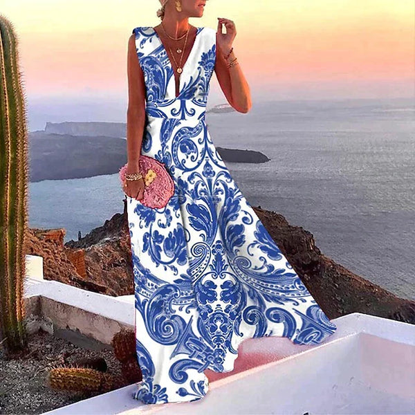 Women's Floral Printed Sleeveless V-Neck Maxi Dress