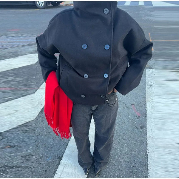 Women's Double-Breasted High Neck Short Jacket